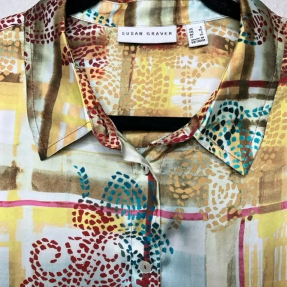 Susan Graver Luxe Print Tunic L Silky Button Front Top - Picture 7 of 9